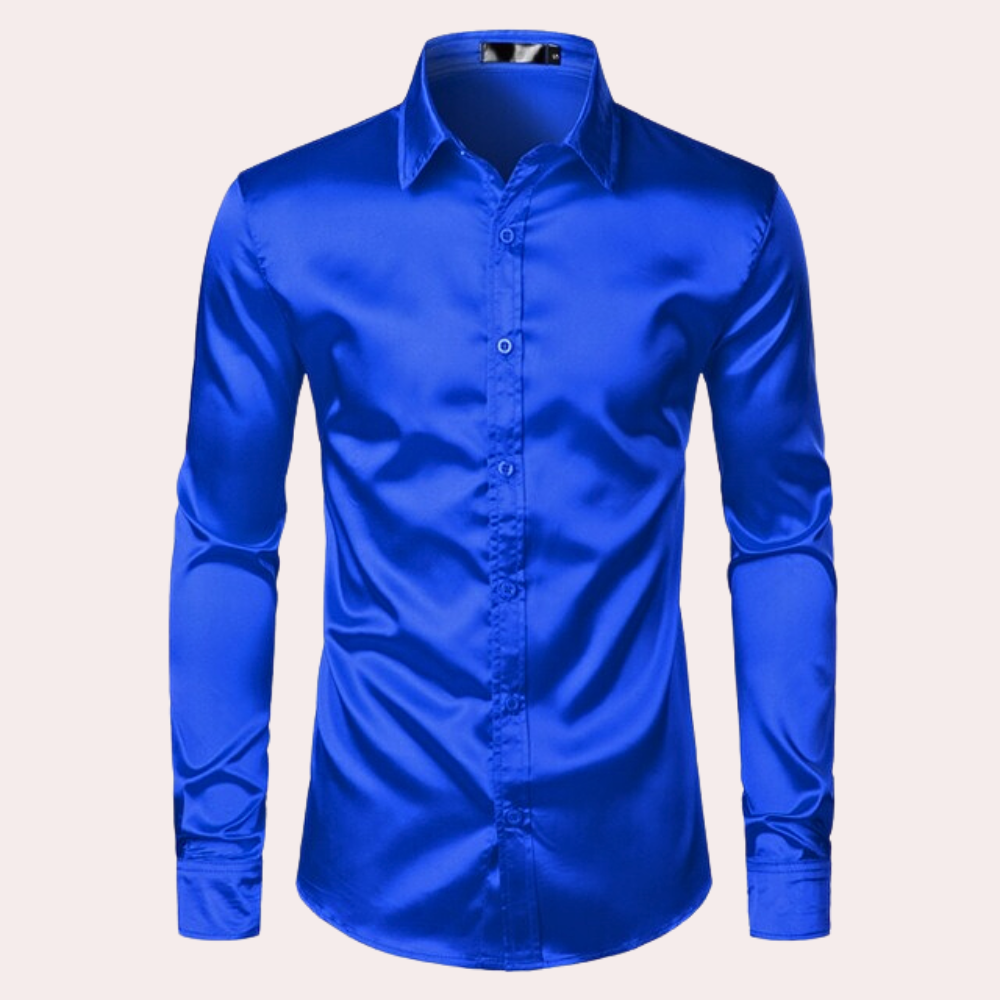 Blauwe satijnen herenoverhemd met lange mouwen, knoopsluiting en klassieke kraag. Perfect voor formele gelegenheden en stijlvolle outfits.
