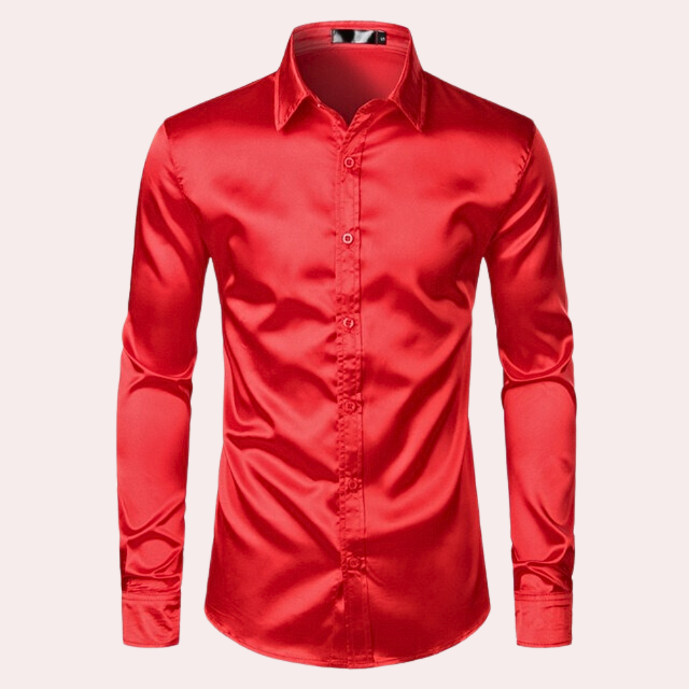 Rode satijnen herenoverhemd met lange mouwen, knoopsluiting en klassieke kraag. Perfect voor formele gelegenheden en stijlvolle outfits.