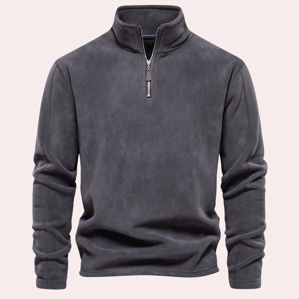 Donkergrijze fleece trui met halve rits, comfortabele pasvorm, ideaal voor herenmode, herfst- en winterkleding, casual en sportief gebruik.
