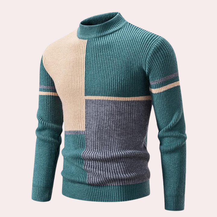 Groene en grijze gebreide trui met col, kleurblokken en lange mouwen. Moderne herentrui, stijlvol en warm voor herfst- en wintermode.