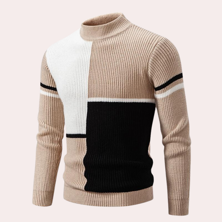 Beige en zwarte coltrui met kleurblokken, gebreid patroon, lange mouwen, moderne herenkleding, stijlvolle wintermode, comfortabele pasvorm.