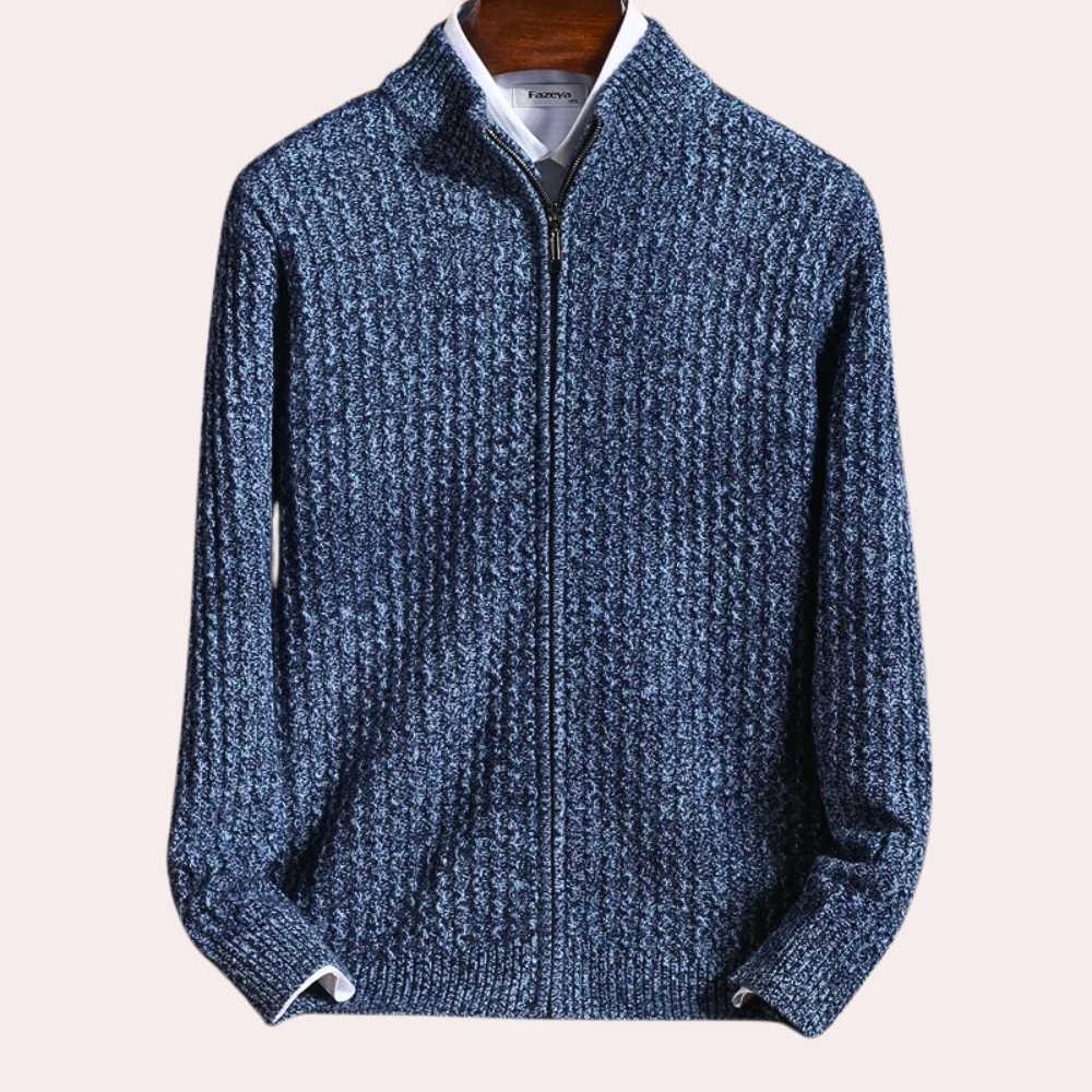 Blauwe gebreide herenvest met ritssluiting, stijlvolle textuur, ideaal voor casual en formele gelegenheden. Comfortabel en modieus ontwerp.