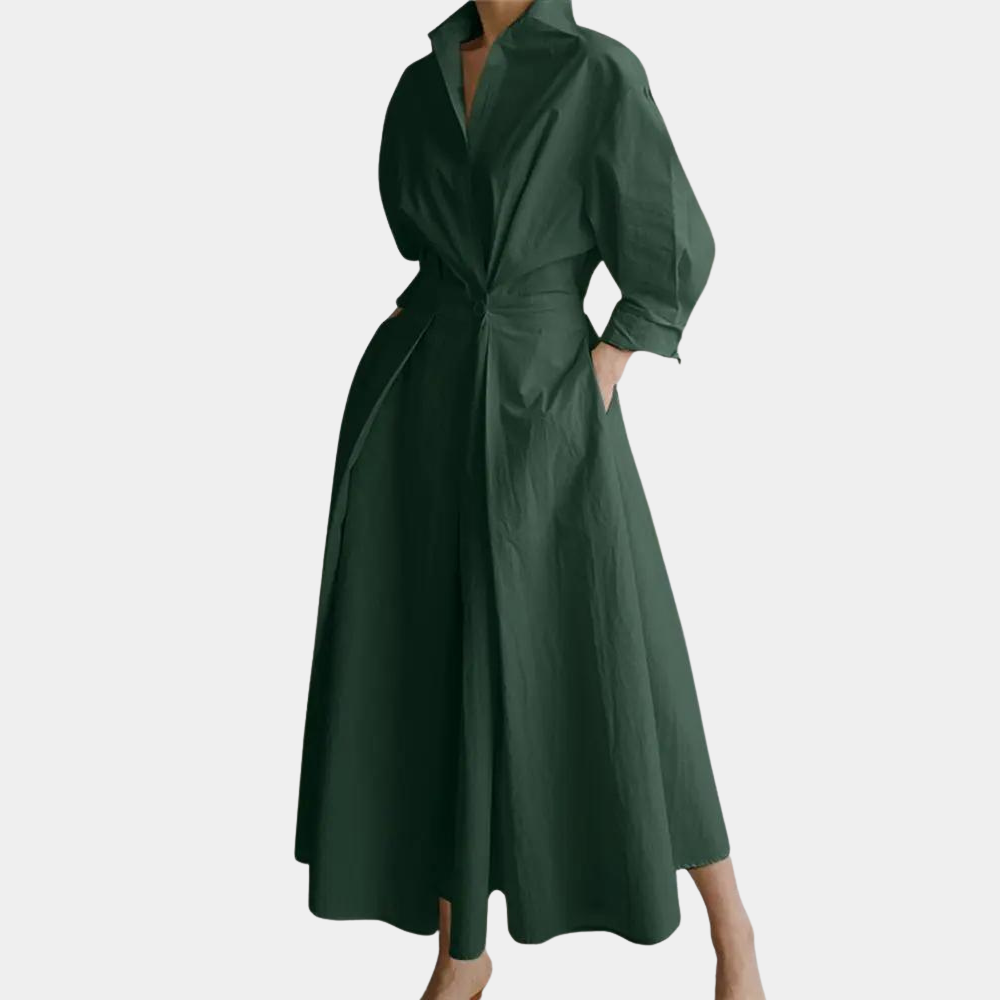 Donkergroene damesjurk met lange mouwen en kraag, elegante A-lijn snit, geschikt voor formele gelegenheden. Stijlvolle mode voor vrouwen.