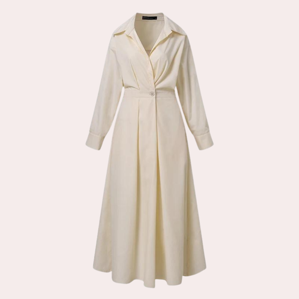 Elegante crèmekleurige damesjurk met lange mouwen en knoopsluiting, perfect voor formele gelegenheden. Stijlvolle midi-jurk voor damesmode.