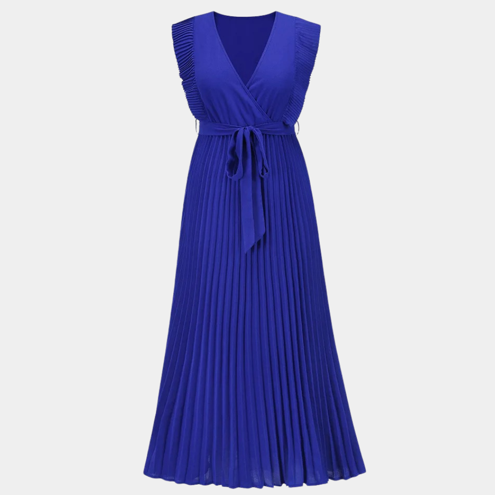 Koningsblauwe geplooide maxi-jurk met V-hals en strikceintuur, mouwloos ontwerp. Perfect voor elegante zomerse gelegenheden.