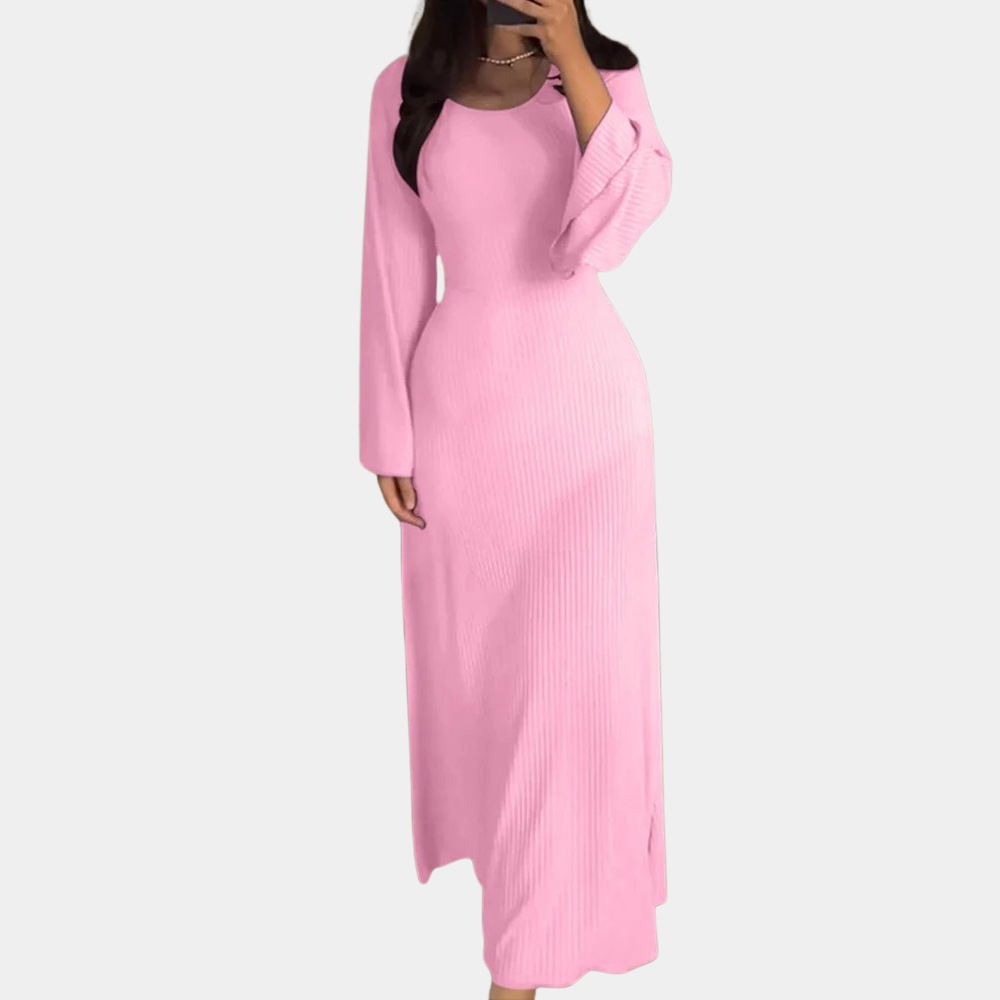 Roze maxi-jurk met lange mouwen, elegante damesmode, ribstof, casual en stijlvol ontwerp, perfect voor lente- en zomerseizoenen.