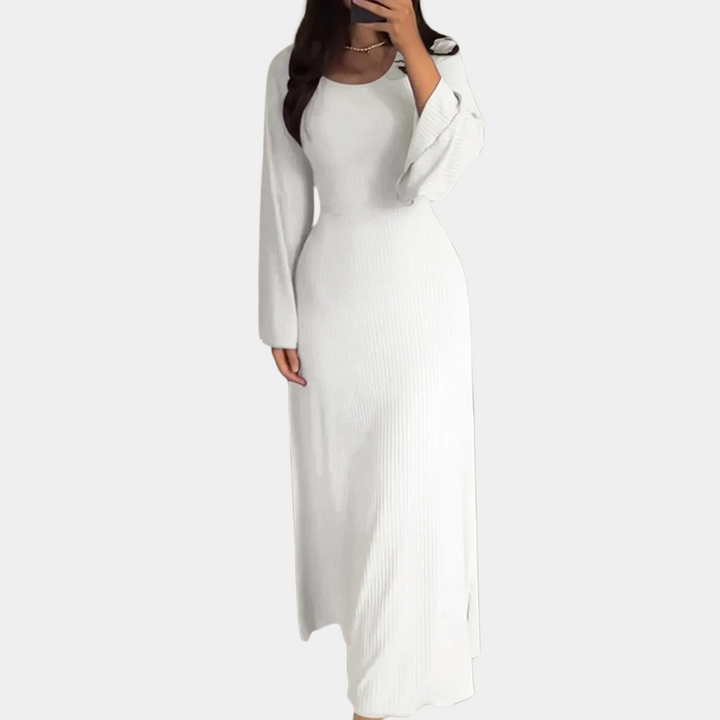 Witte maxi-jurk met lange mouwen, elegante damesmode, casual en formele stijl, perfect voor lente en zomer, comfortabele pasvorm.