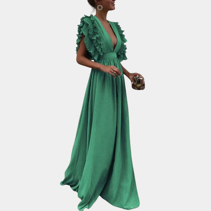 Groene avondjurk met diepe V-hals en ruches, elegante lange jurk voor dames, perfect voor galafeesten en speciale gelegenheden.