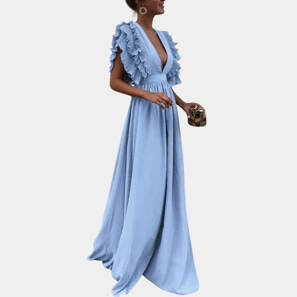 Lichtblauwe maxi-jurk met diepe V-hals en ruches, elegante avondjurk voor dames, perfect voor bruiloften en gala's.
