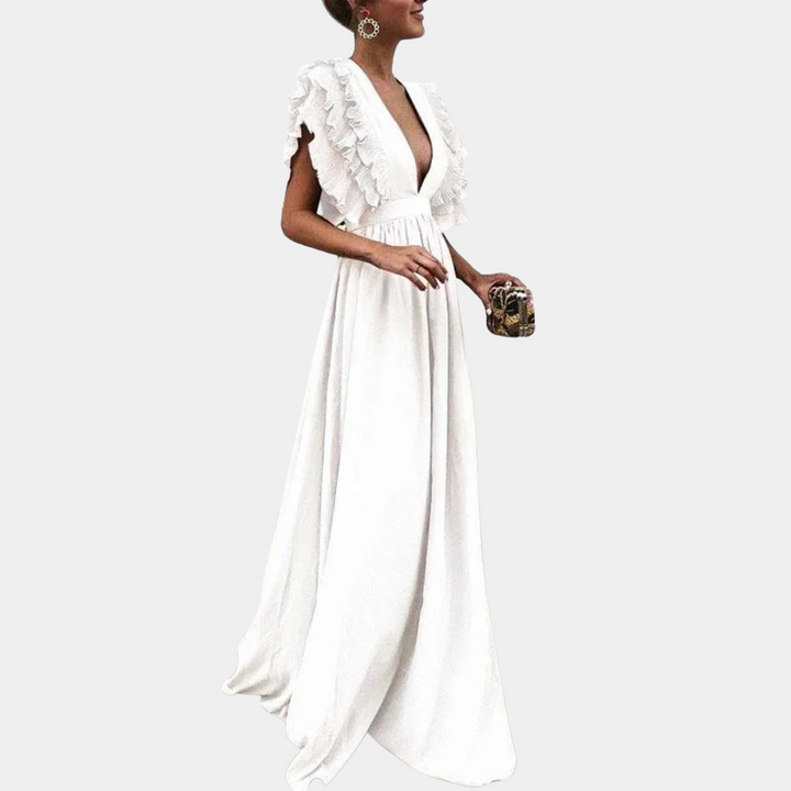Witte lange jurk met diepe V-hals en ruches, elegante avondjurk voor dames, perfect voor bruiloften en gala's. Stijlvol en verfijnd ontwerp.
