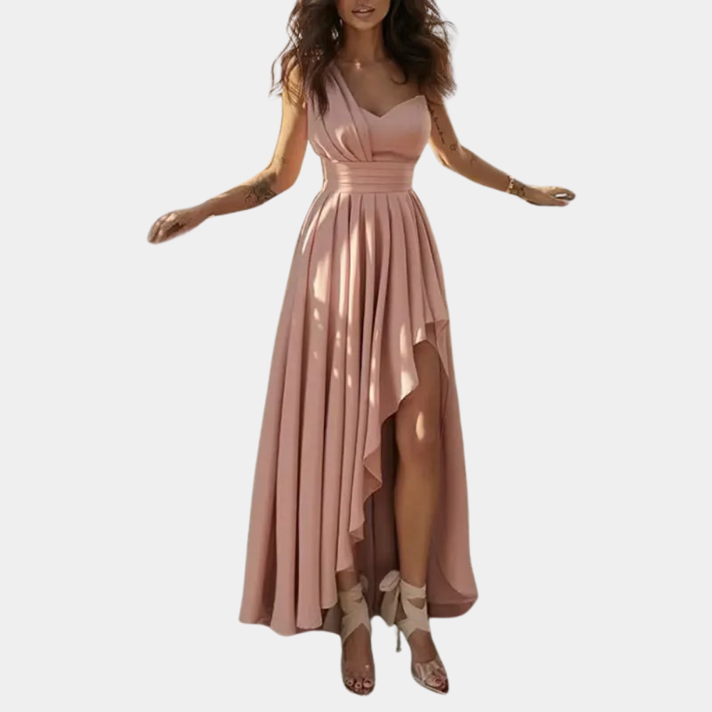 Roze asymmetrische avondjurk met V-hals en hoge split, elegante damesmode, perfect voor bruiloften en gala's. Trendy en stijlvol ontwerp.