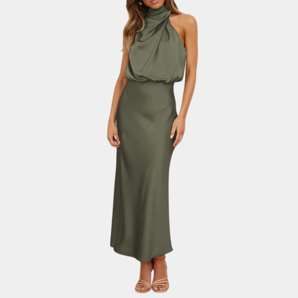 Olijfgroene damesjurk met halternek, vloerlengte en elegante pasvorm. Perfect voor avondkleding en formele gelegenheden. Stijlvolle modejurk.