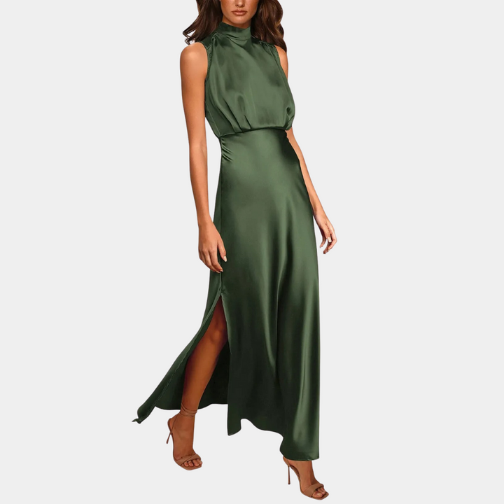 Groene satijnen maxi-jurk met hoge hals en zijsplit, elegante avondjurk voor dames, perfect voor formele gelegenheden en feesten.