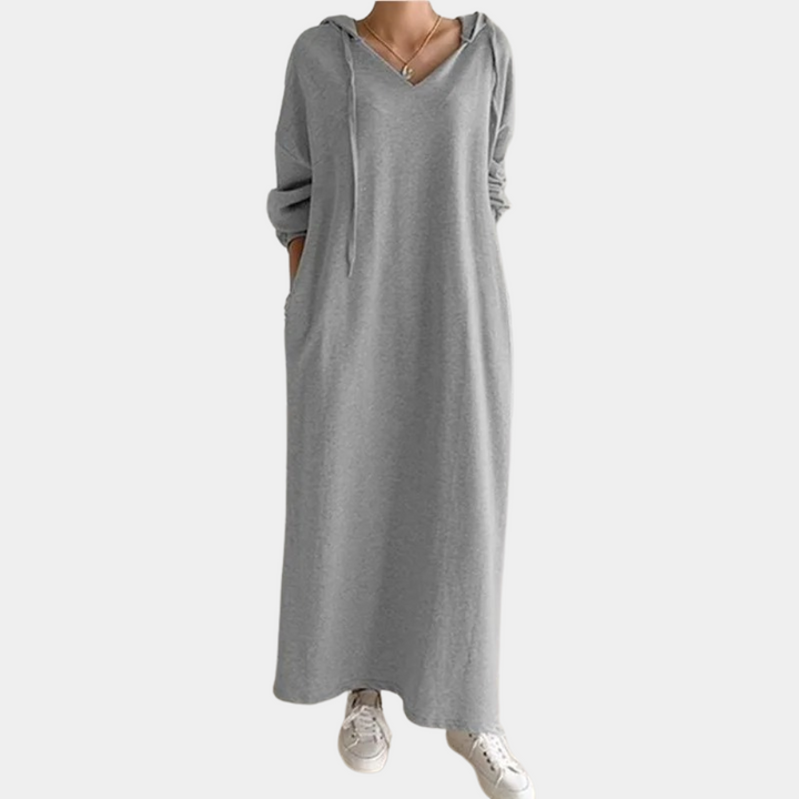 Grijze lange hoodie-jurk voor dames, comfortabele casual stijl, met capuchon en zakken, perfect voor dagelijks gebruik en ontspannen outfits.
