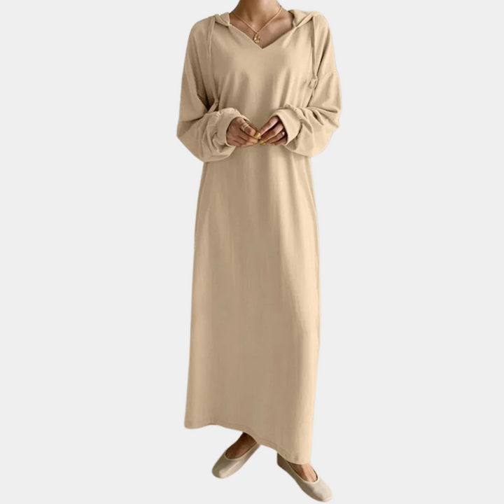Khaki damesjurk met lange mouwen, losvallend ontwerp, comfortabele pasvorm. Perfect voor casual en stijlvolle looks. Ideaal voor dagelijks gebruik.