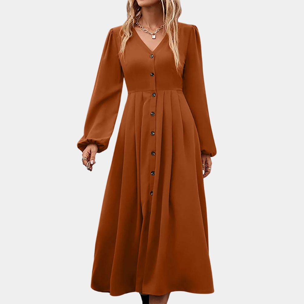 Oranje maxi-jurk met lange mouwen en knoopsluiting, V-hals, elegante damesmode, herfstkleding, trendy en stijlvol ontwerp.