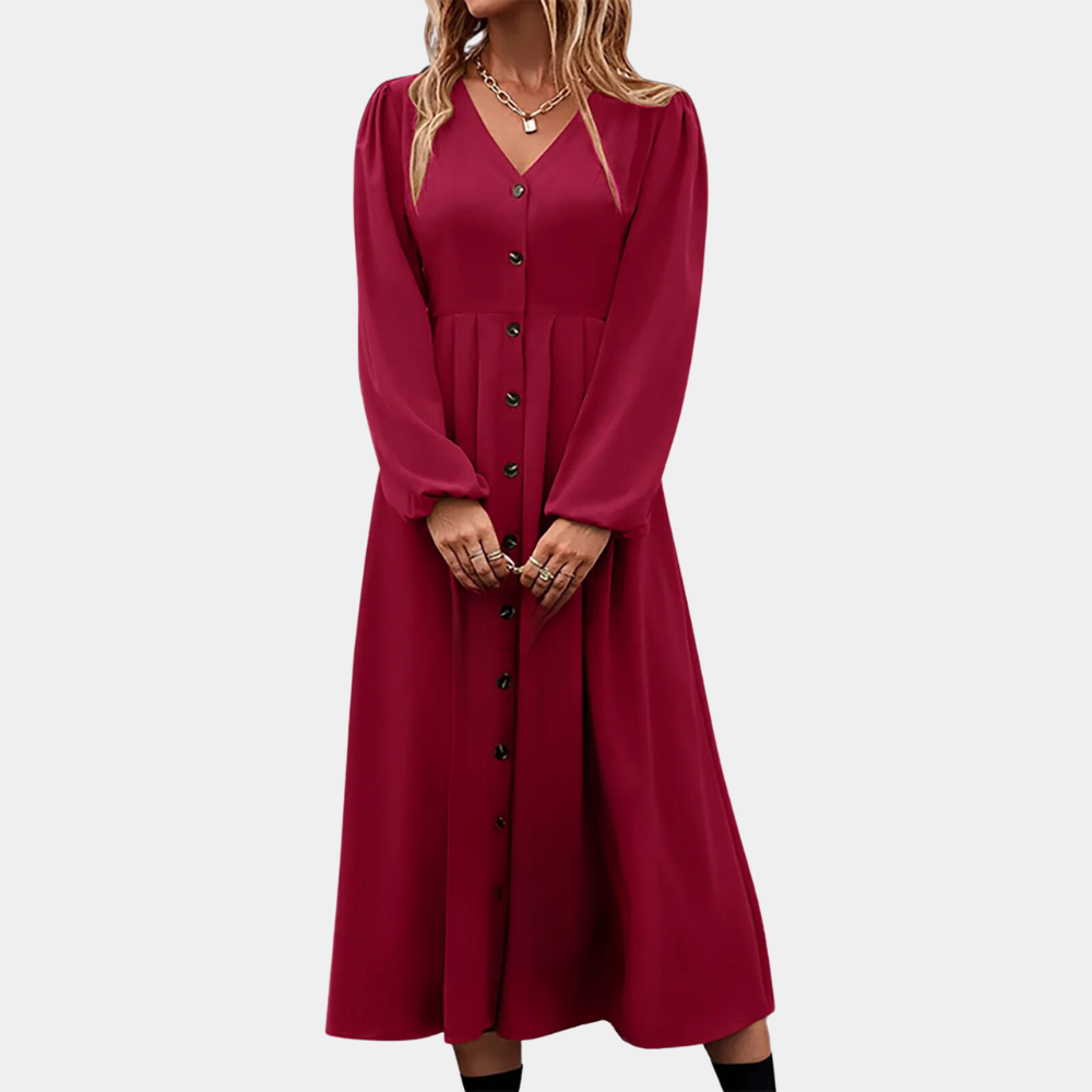 Rode midi-jurk met lange mouwen en knoopsluiting, elegante damesmode, perfect voor herfst en winter, trendy en stijlvol ontwerp.