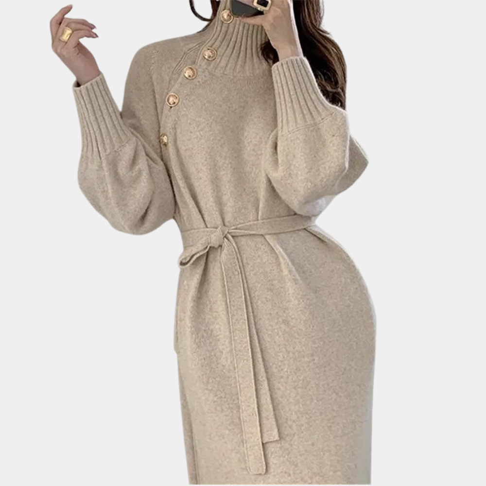 Beige wollen jurk met knopen en ceintuur, lange pofmouwen, elegante damesmode, herfst winter outfit, stijlvolle kleding, modetrend 2023.