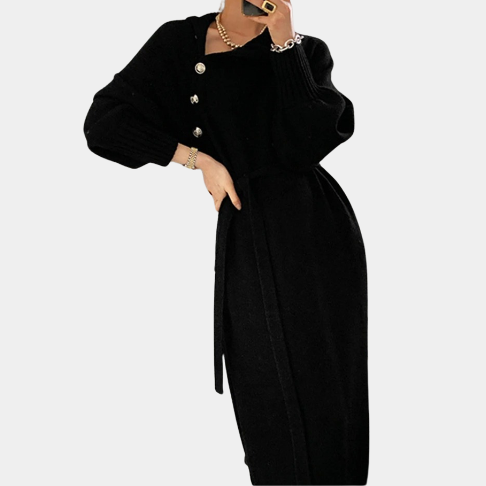 Zwarte damesjurk met lange mouwen, knopen en ceintuur, elegant ontwerp. Perfect voor herfst- en wintermode. Stijlvolle kleding voor dames.
