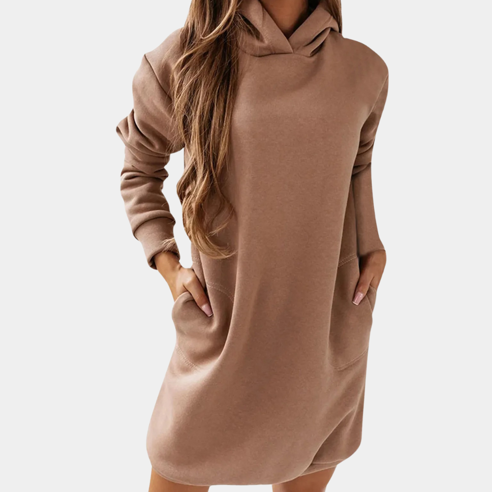 Bruine hoodie-jurk voor dames, lange mouwen, comfortabele pasvorm, casual stijl, ideaal voor herfstmode. Perfect voor dagelijks gebruik.