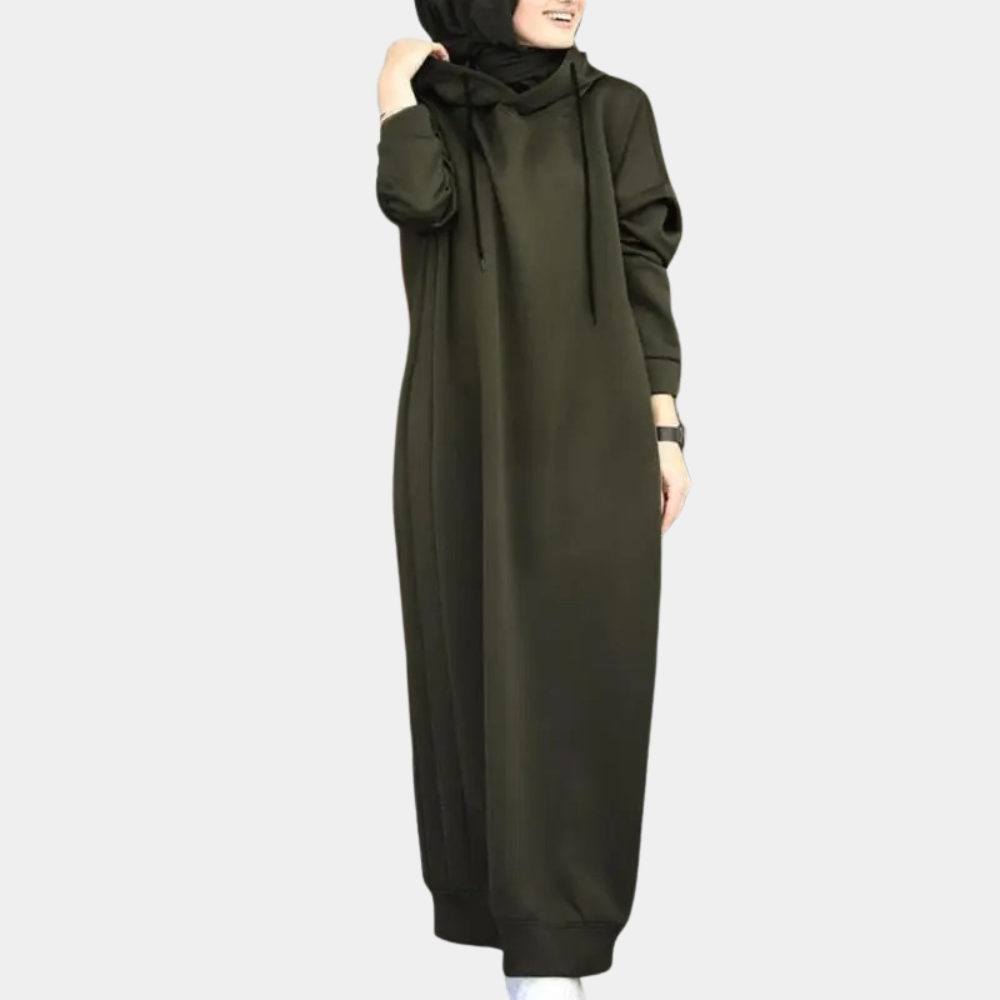 Donkergroene maxi-jurk met capuchon, lange mouwen en losse pasvorm. Modieuze dameskleding, ideaal voor casual en comfortabele stijl.