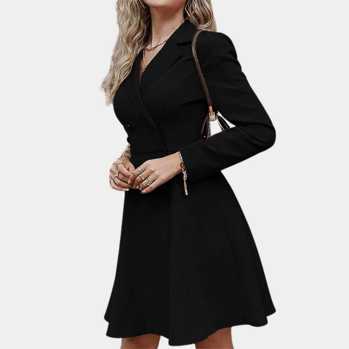 Zwarte blazerjurk voor dames, elegante zakelijke outfit, lange mouwen, getailleerd, geschikt voor kantoor en formele gelegenheden.