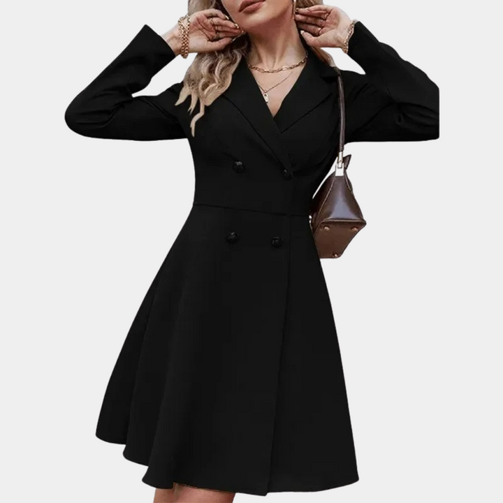 Zwarte damesjurk met lange mouwen, dubbele knoopsluiting en V-hals. Elegante en stijlvolle outfit voor formele gelegenheden.