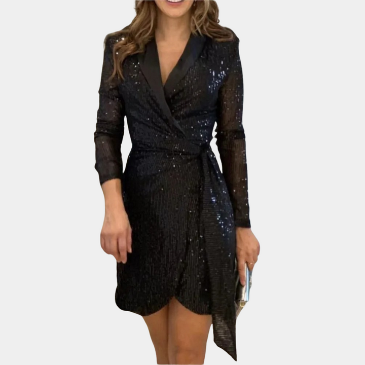Zwarte elegante dames blazerjurk met ceintuur en glitter