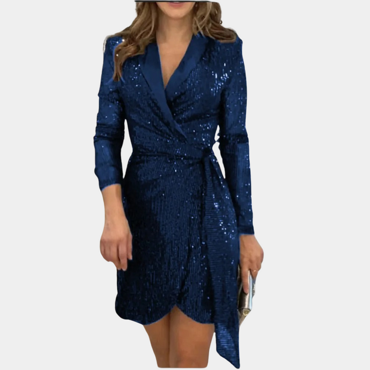 Blauwe elegante dames blazerjurk met ceintuur en glitter