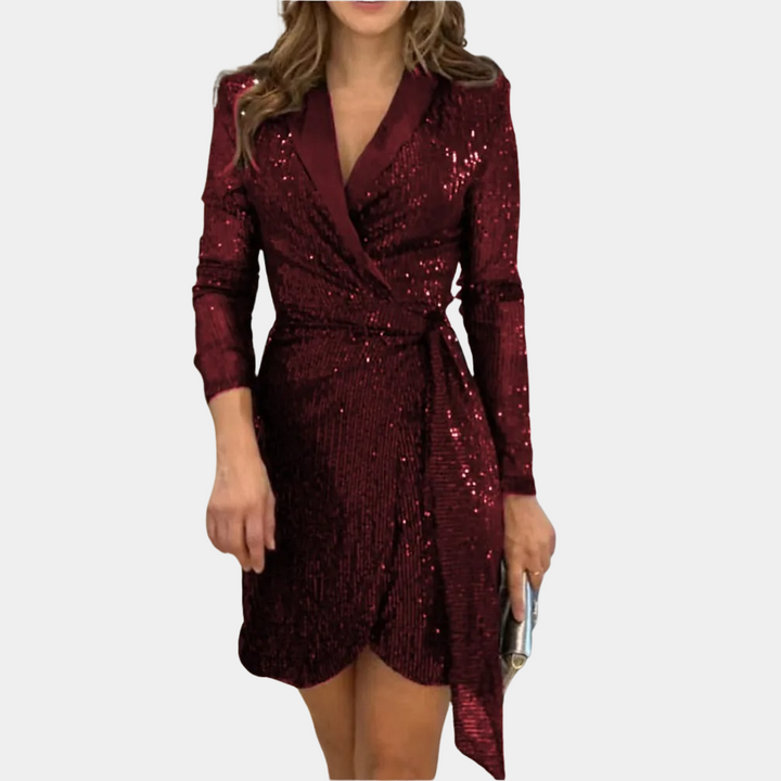 Rode elegante dames blazerjurk met ceintuur en glitter