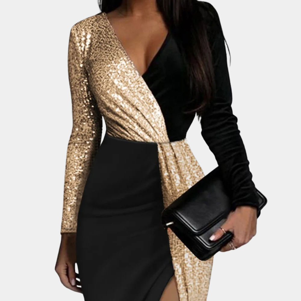 Elegante damesjurk met lange mouwen, zwart en goud pailletten, asymmetrisch ontwerp, diepe V-hals, geschikt voor avondfeesten en speciale gelegenheden.