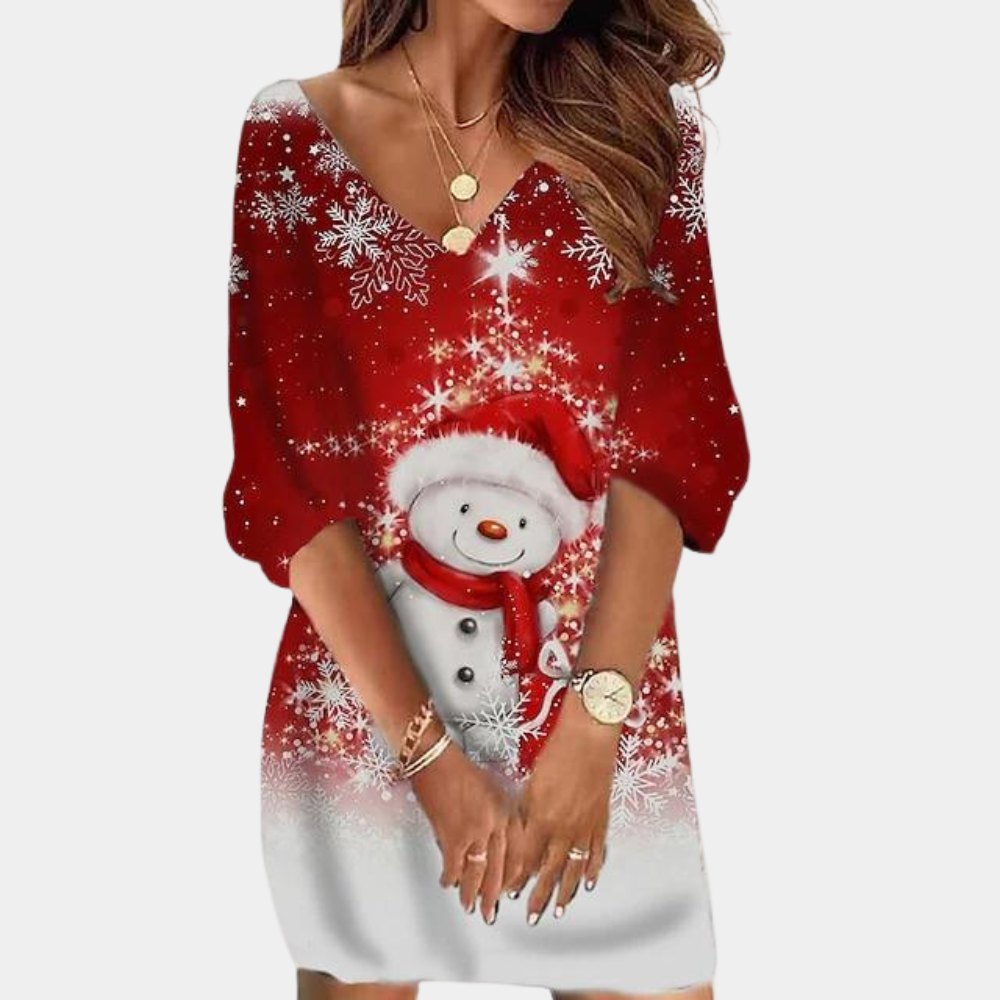 Rode kerstjurk met sneeuwpopprint, lange mouwen en V-hals. Perfect voor feestdagen. Trendy damesmode, winterkleding, kerstoutfit.