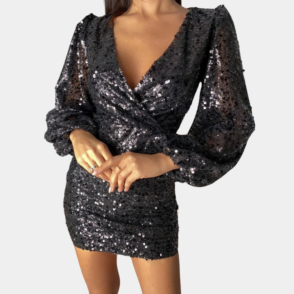 Zwarte pailletten mini-jurk met lange mouwen en diepe V-hals, perfect voor feestelijke gelegenheden. Elegante en glinsterende avondkleding.