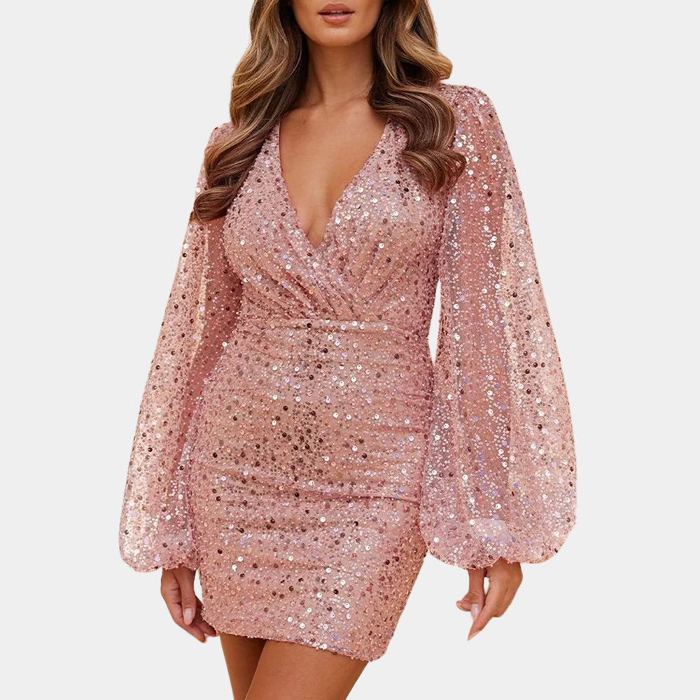 Roze paillettenjurk met lange mouwen en diepe V-hals, perfect voor feestelijke gelegenheden. Elegante en glinsterende avondjurk.