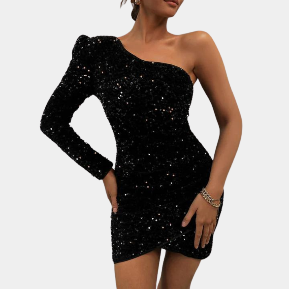 Zwarte paillettenjurk met één schouder, elegante avondjurk, damesmode, feestkleding, stijlvolle cocktailjurk, glinsterende uitstraling.