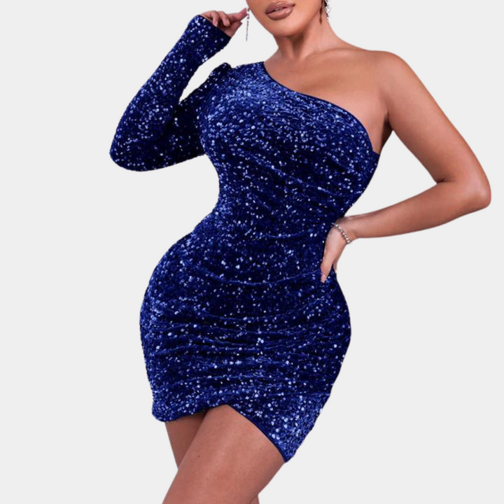 Blauwe asymmetrische glitterjurk met één mouw, elegante avondjurk, nauwsluitend ontwerp, perfect voor feestjes en speciale gelegenheden.
