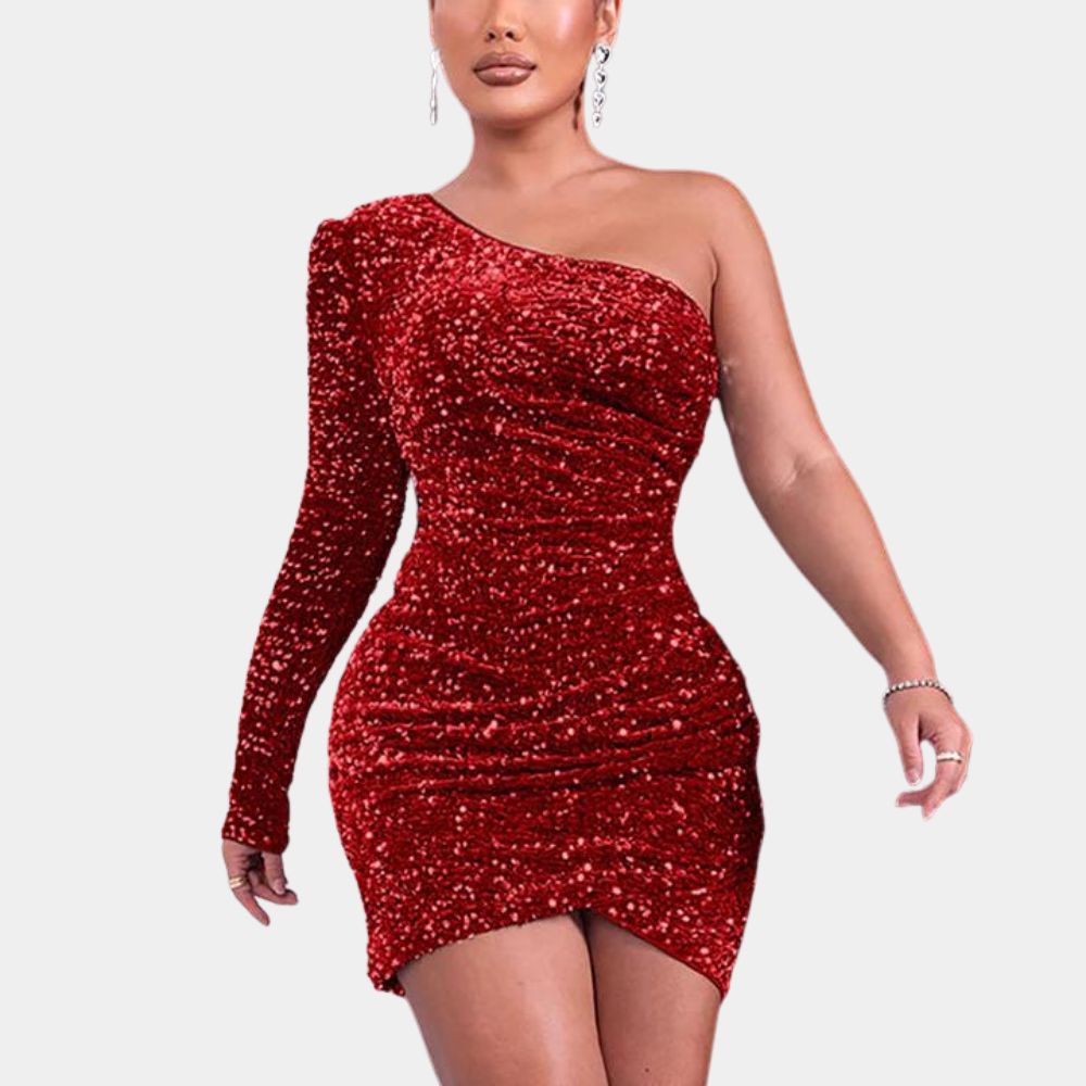 Rode asymmetrische glitterjurk met één lange mouw, perfect voor feestelijke gelegenheden. Elegante en opvallende avondkleding voor dames.