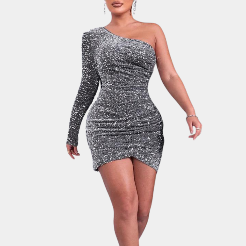 Zilveren asymmetrische paillettenjurk met één mouw, elegante avondjurk, feestkleding, glinsterende cocktailjurk voor dames.