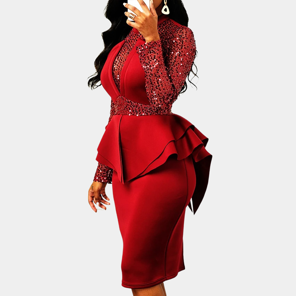Rode cocktailjurk met pailletten, lange mouwen en peplum detail, elegante avondkleding voor dames, perfect voor feestelijke gelegenheden.
