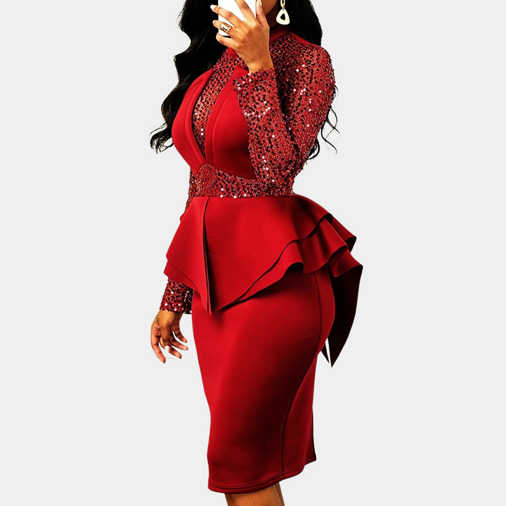 Rode cocktailjurk met pailletten, lange mouwen en peplum detail, elegante avondkleding voor dames, perfect voor feestelijke gelegenheden.