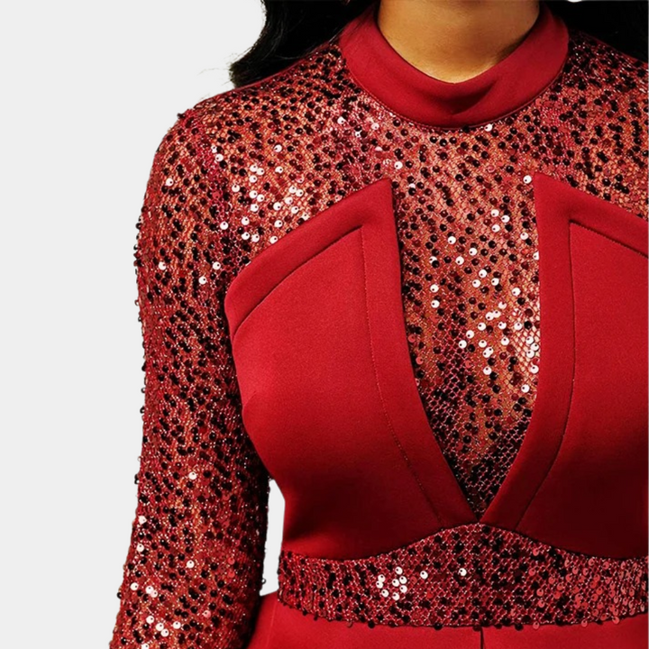 Rode avondjurk met pailletten, lange mouwen en diepe V-hals. Perfect voor gala's en feestelijke gelegenheden. Elegante en glamoureuze uitstraling.