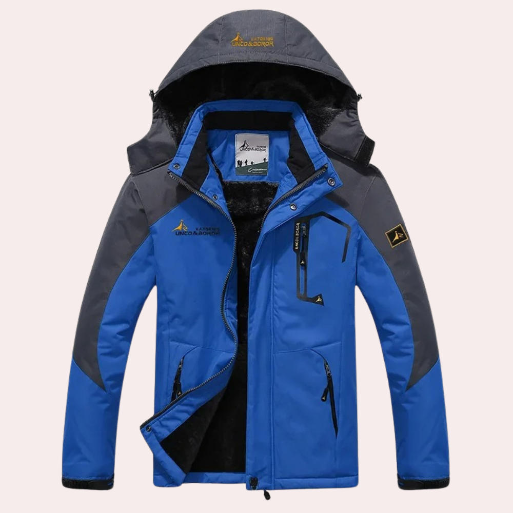Blauwe waterdichte winterjas met capuchon, grijze accenten en meerdere zakken. Ideaal voor outdooractiviteiten en koude weersomstandigheden.
