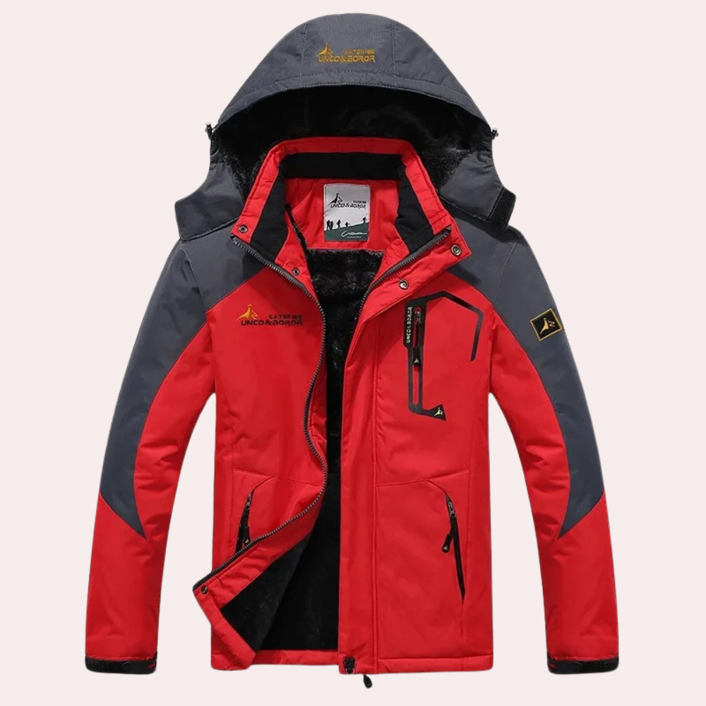 Rode waterdichte winterjas voor heren met capuchon, grijze accenten en meerdere zakken. Ideaal voor outdooractiviteiten en koude weersomstandigheden.