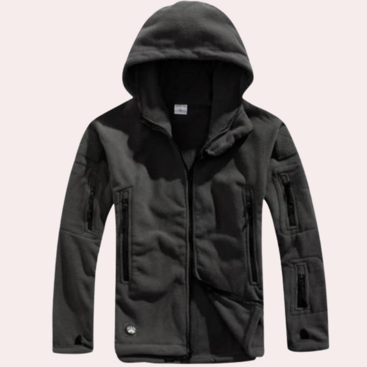 Grijze fleece hoodie met capuchon, ritszakken en lange mouwen. Comfortabele herenjas, ideaal voor casual en outdoor activiteiten.