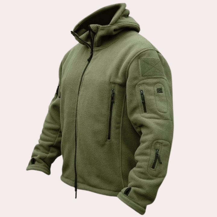 Olijfgroene fleece jas met capuchon, ritsen en zakken, ideaal voor outdoor activiteiten. Comfortabele en warme herenjas voor herfst en winter.