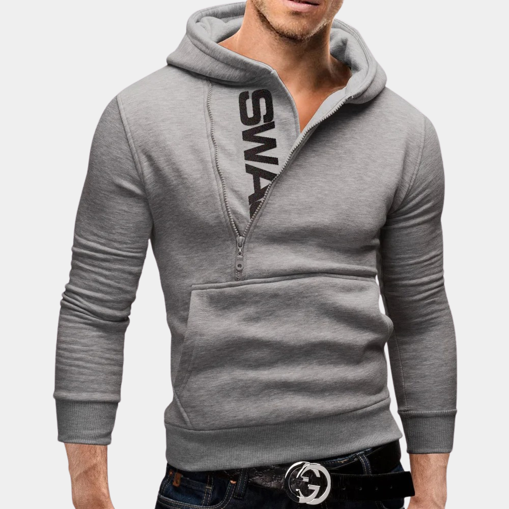 Grijze hoodie met capuchon en rits, casual herenkleding, stijlvol ontwerp, comfortabele pasvorm, ideaal voor dagelijks gebruik en sportieve looks.