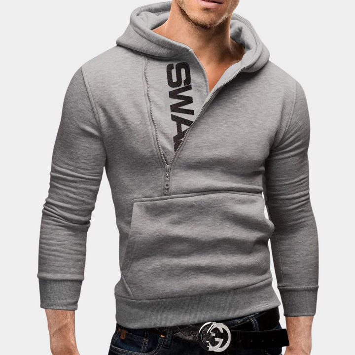 Grijze hoodie met capuchon en rits, casual herenkleding, stijlvol ontwerp, comfortabele pasvorm, ideaal voor dagelijks gebruik en sportieve looks.