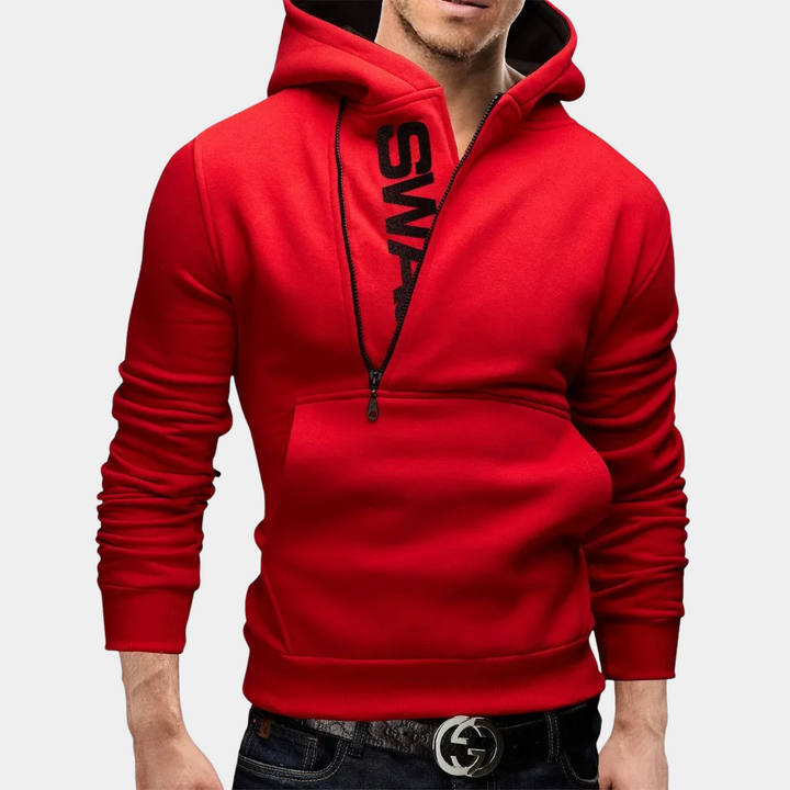 Rode hoodie met rits en capuchon, casual streetwear voor heren. Comfortabele pasvorm, ideaal voor dagelijks gebruik. Stijlvol en trendy ontwerp.