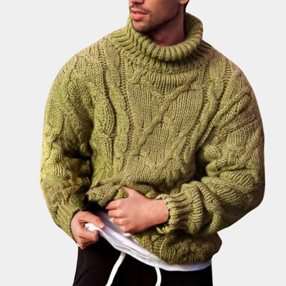 Groene kabeltrui voor heren met col, gebreid patroon, casual wintermode, comfortabele en warme kleding, ideaal voor koude seizoenen.