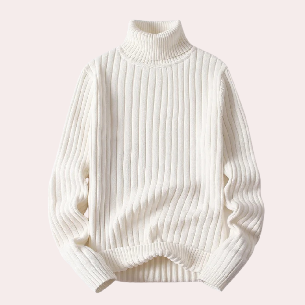 Witte geribbelde coltrui voor dames, stijlvolle wintermode, warme gebreide trui, casual en elegant, perfect voor koude seizoenen.